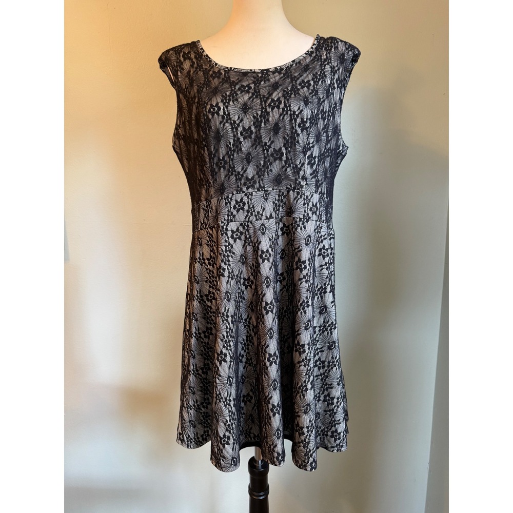 Black Floral Lace Silver Fit Flare Dress XL whimsigoth dainty boho y2k floral  r
